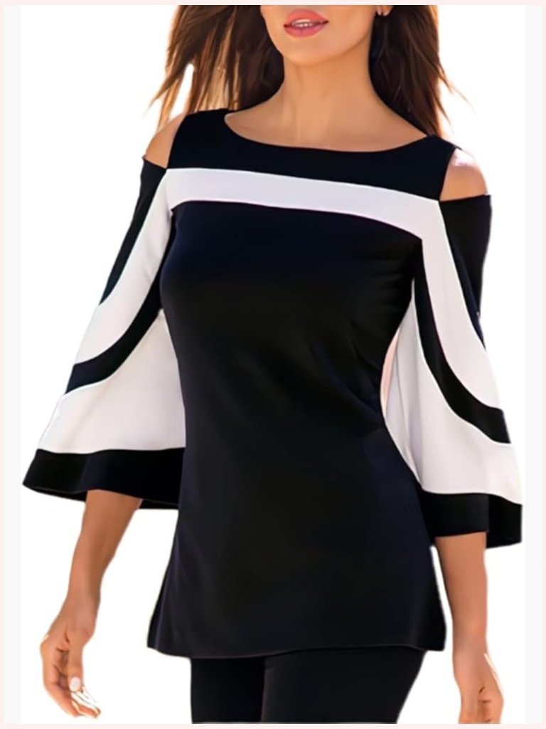 Colorblock Bell Sleeve Cold Shoulder Top - 3/4 Sleeve Boat Neck